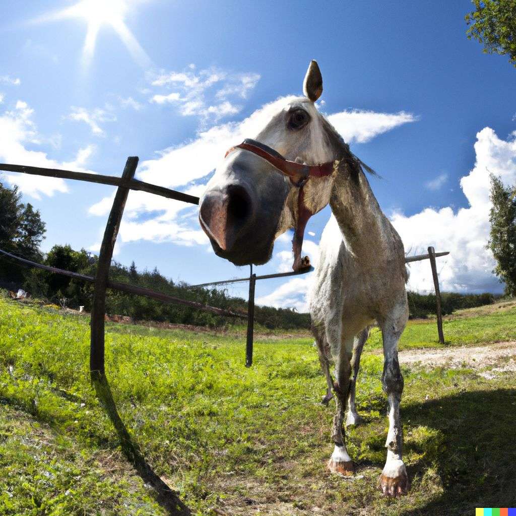 a horse, photograph taken with a fisheye lens, 10mm